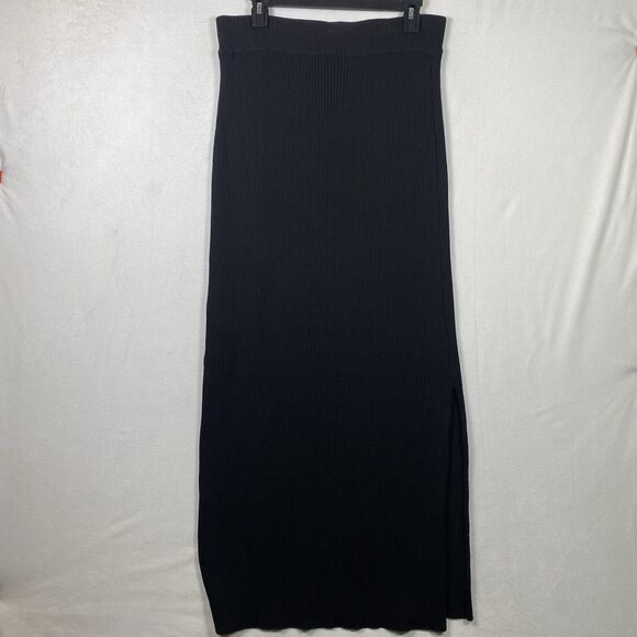 Anthropologie Black Rib Knit Maxi Skirt Side Slits Pull-On Stretch Size Large - Picture 2 of 10